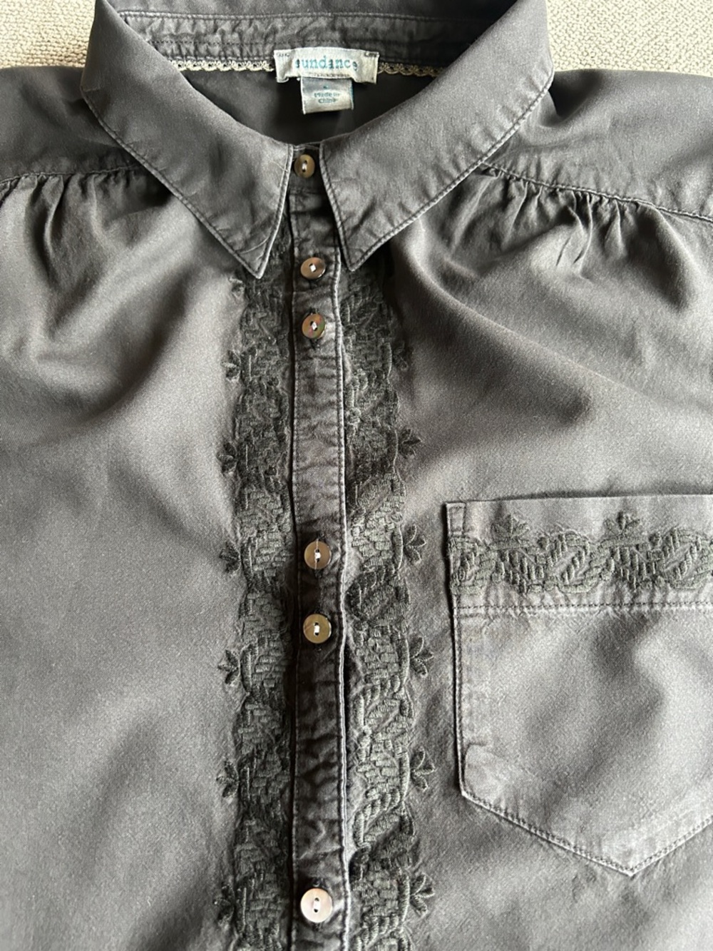 Sundance Black Button-Front Top with Lace Trim